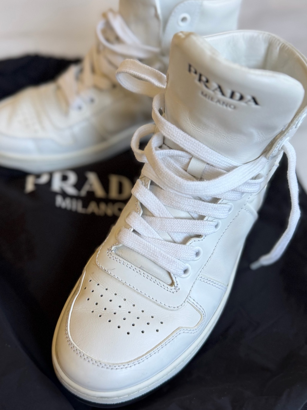 Prada White Leather Lace-Up High-Top Sneakers